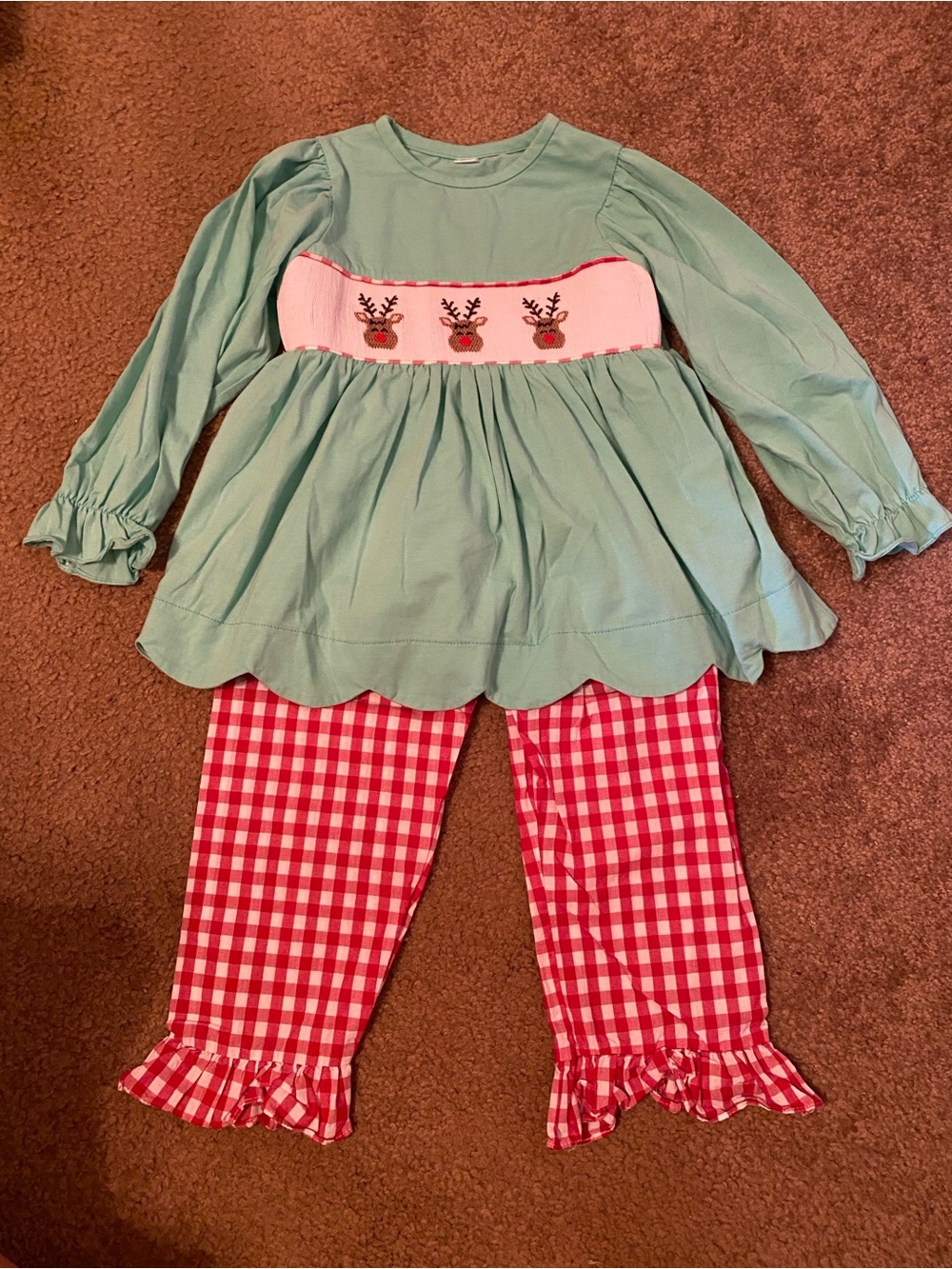 Girls Mint Green Reindeer Smocked Top & Red Gingham Set